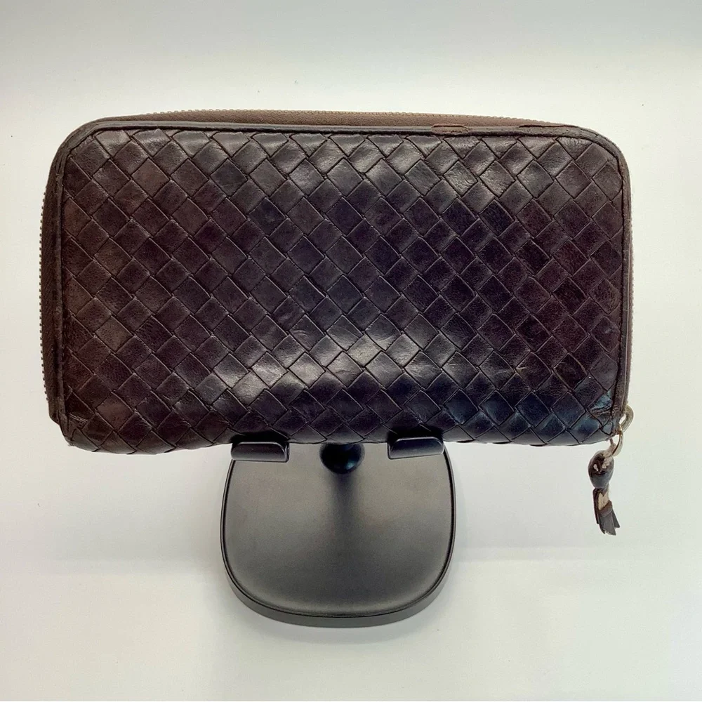 Bottega Veneta Intrecciato Brown Woven Leather Zip Around Wallet